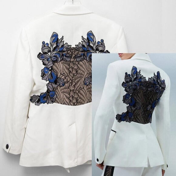 Karen Millen Lace Appliqué Contrast Tailored Tuxedo Jacket White Blue Black 10 - Picture 1 of 8